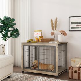 Furniture Style Dog Crate Side Table on Wheels with Double Doors and Lift Top.(Grey,43.7''w x 30''d x 31.1''h)