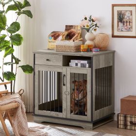 Dog crates;  indoor pet crate end tables;  decorative wooden kennels with removable trays. (Color: Grey)